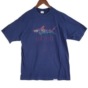 Vintage Crazy Shirts San Diego T-Shirt Men's Size Large Navy Blue USA Made Shark